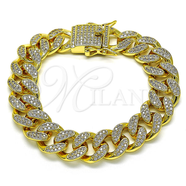 Oro Laminado Basic Bracelet, Gold Filled Style Miami Cuban Design, with White Micro Pave, Polished, Golden Finish, 04.373.0001.08 (14 MM Thickness, 8 Inches Length)