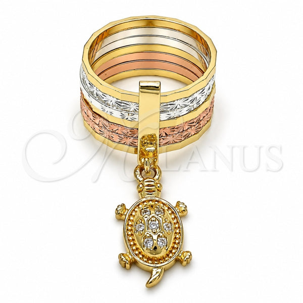 Oro Laminado Multi Stone Ring, Gold Filled Style Semanario and Turtle Design, with White Cubic Zirconia, Diamond Cutting Finish, Tricolor, 01.253.0031.07 (Size 7)
