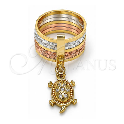Oro Laminado Multi Stone Ring, Gold Filled Style Semanario and Turtle Design, with White Cubic Zirconia, Diamond Cutting Finish, Tricolor, 01.253.0031.08 (Size 8)