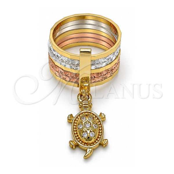 Oro Laminado Multi Stone Ring, Gold Filled Style Semanario and Turtle Design, with White Cubic Zirconia, Diamond Cutting Finish, Tricolor, 01.253.0031.08 (Size 8)