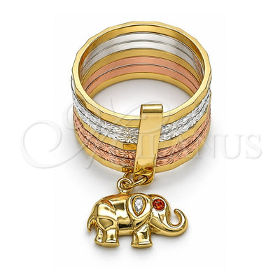 Oro Laminado Multi Stone Ring, Gold Filled Style Semanario and Elephant Design, with Garnet Cubic Zirconia, Diamond Cutting Finish, Tricolor, 01.253.0032.06 (Size 6)