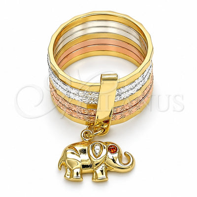 Oro Laminado Multi Stone Ring, Gold Filled Style Semanario and Elephant Design, with Garnet Cubic Zirconia, Diamond Cutting Finish, Tricolor, 01.253.0032.07 (Size 7)