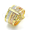 Oro Laminado Multi Stone Ring, Gold Filled Style Semanario and Evil Eye Design, with White Cubic Zirconia, Diamond Cutting Finish, Tricolor, 01.253.0033.06 (Size 6)