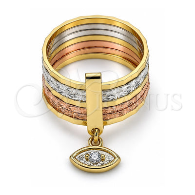 Oro Laminado Multi Stone Ring, Gold Filled Style Semanario and Evil Eye Design, with White Cubic Zirconia, Diamond Cutting Finish, Tricolor, 01.253.0033.06 (Size 6)