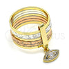 Oro Laminado Multi Stone Ring, Gold Filled Style Semanario and Evil Eye Design, with White Cubic Zirconia, Diamond Cutting Finish, Tricolor, 01.253.0033.08 (Size 8)