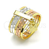 Oro Laminado Elegant Ring, Gold Filled Style Semanario and Owl Design, Diamond Cutting Finish, Tricolor, 01.253.0034.07 (Size 7)