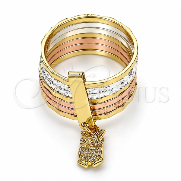 Oro Laminado Elegant Ring, Gold Filled Style Semanario and Owl Design, Diamond Cutting Finish, Tricolor, 01.253.0034.07 (Size 7)