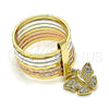 Oro Laminado Multi Stone Ring, Gold Filled Style Semanario and Butterfly Design, with White Crystal, Diamond Cutting Finish, Tricolor, 01.253.0035.08 (Size 8)
