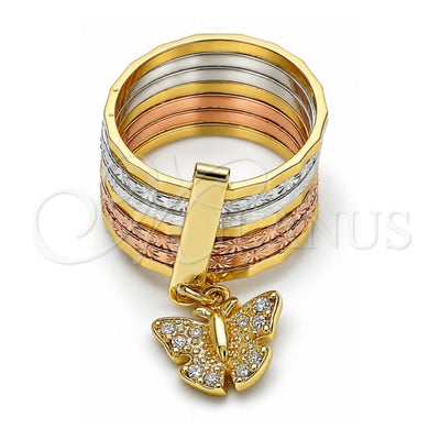 Oro Laminado Multi Stone Ring, Gold Filled Style Semanario and Butterfly Design, with White Crystal, Diamond Cutting Finish, Tricolor, 01.253.0035.09 (Size 9)