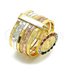 Oro Laminado Multi Stone Ring, Gold Filled Style Semanario and San Benito Design, with Multicolor Crystal, Diamond Cutting Finish, Tricolor, 01.253.0036.07 (Size 7)
