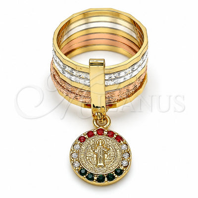Oro Laminado Multi Stone Ring, Gold Filled Style Semanario and San Benito Design, with Multicolor Crystal, Diamond Cutting Finish, Tricolor, 01.253.0036.07 (Size 7)