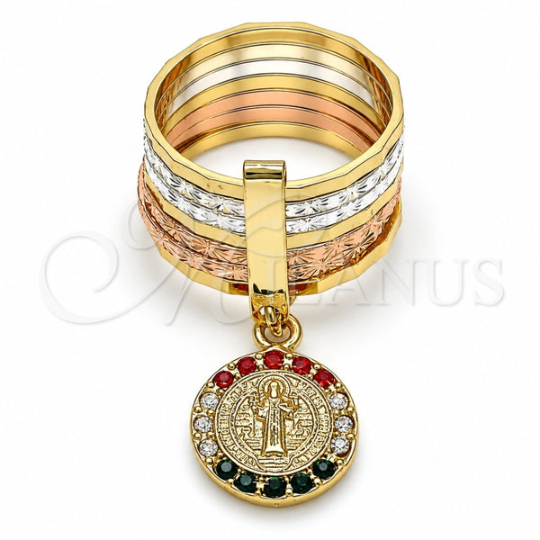 Oro Laminado Multi Stone Ring, Gold Filled Style Semanario and San Benito Design, with Multicolor Crystal, Diamond Cutting Finish, Tricolor, 01.253.0036.07 (Size 7)