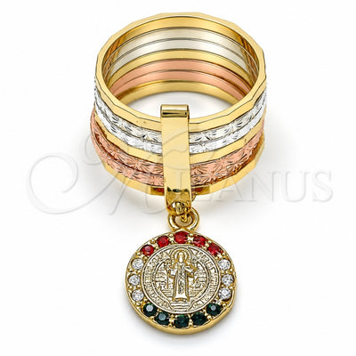 Oro Laminado Multi Stone Ring, Gold Filled Style Semanario and San Benito Design, with Multicolor Crystal, Diamond Cutting Finish, Tricolor, 01.253.0036.08 (Size 8)