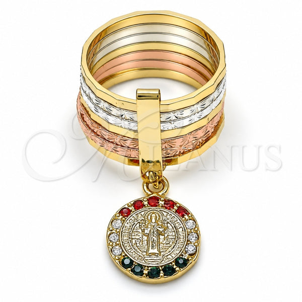 Oro Laminado Multi Stone Ring, Gold Filled Style Semanario and San Benito Design, with Multicolor Crystal, Diamond Cutting Finish, Tricolor, 01.253.0036.08 (Size 8)
