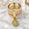Oro Laminado Elegant Ring, Gold Filled Style Semanario and San Judas Design, Diamond Cutting Finish, Tricolor, 01.253.0037.07 (Size 7)