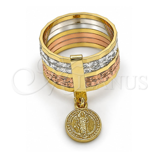 Oro Laminado Elegant Ring, Gold Filled Style Semanario and San Judas Design, Diamond Cutting Finish, Tricolor, 01.253.0037.07 (Size 7)