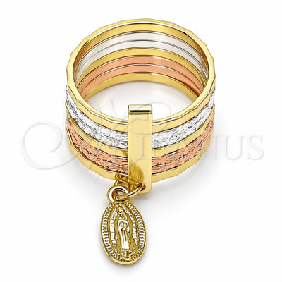 Oro Laminado Elegant Ring, Gold Filled Style Semanario and Guadalupe Design, Diamond Cutting Finish, Tricolor, 01.253.0038.07 (Size 7)