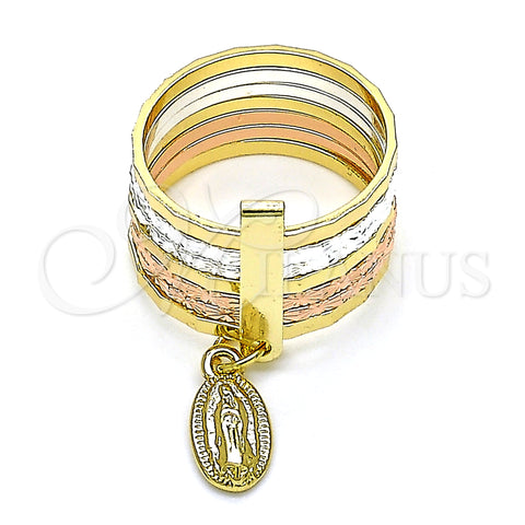 Oro Laminado Elegant Ring, Gold Filled Style Semanario and Guadalupe Design, Diamond Cutting Finish, Tricolor, 01.253.0038.07 (Size 7)