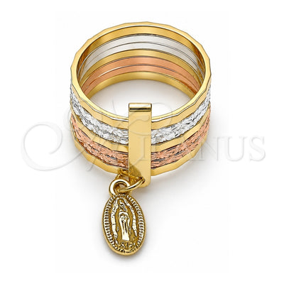 Oro Laminado Elegant Ring, Gold Filled Style Semanario and Guadalupe Design, Diamond Cutting Finish, Tricolor, 01.253.0038.08 (Size 8)