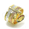 Oro Laminado Multi Stone Ring, Gold Filled Style Semanario and Guadalupe Design, with Multicolor Crystal, Diamond Cutting Finish, Tricolor, 01.253.0039.06 (Size 6)