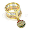 Oro Laminado Multi Stone Ring, Gold Filled Style Semanario and Guadalupe Design, with Multicolor Crystal, Diamond Cutting Finish, Tricolor, 01.253.0039.06 (Size 6)