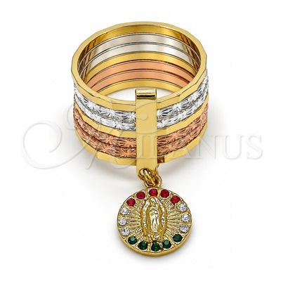 Oro Laminado Multi Stone Ring, Gold Filled Style Semanario and Guadalupe Design, with Multicolor Crystal, Diamond Cutting Finish, Tricolor, 01.253.0039.09 (Size 9)