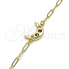 Oro Laminado Fancy Bracelet, Gold Filled Style Moon and Paperclip Design, with Multicolor Cubic Zirconia, Polished, Golden Finish, 03.207.0104.07 (03 MM Thickness, 7 Inches Length)