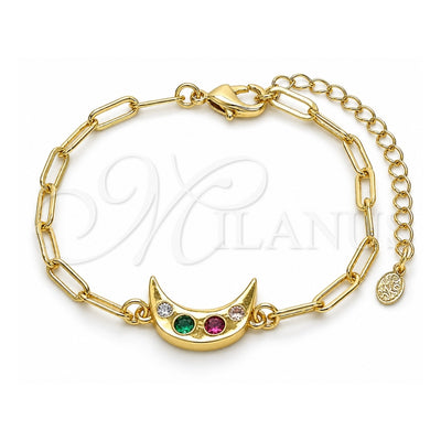 Oro Laminado Fancy Bracelet, Gold Filled Style Moon and Paperclip Design, with Multicolor Cubic Zirconia, Polished, Golden Finish, 03.207.0104.07 (03 MM Thickness, 7 Inches Length)
