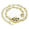 Oro Laminado Fancy Bracelet, Gold Filled Style Hand of God and Paperclip Design, with Multicolor Cubic Zirconia, Polished, Golden Finish, 03.207.0105.07 (03 MM Thickness, 7 Inches Length)