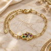 Oro Laminado Fancy Bracelet, Gold Filled Style Hand of God and Paperclip Design, with Multicolor Cubic Zirconia, Polished, Golden Finish, 03.207.0105.07 (03 MM Thickness, 7 Inches Length)
