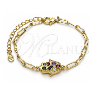 Oro Laminado Fancy Bracelet, Gold Filled Style Hand of God and Paperclip Design, with Multicolor Cubic Zirconia, Polished, Golden Finish, 03.207.0105.07 (03 MM Thickness, 7 Inches Length)