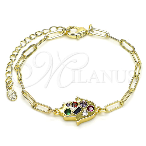 Oro Laminado Fancy Bracelet, Gold Filled Style Hand of God and Paperclip Design, with Multicolor Cubic Zirconia, Polished, Golden Finish, 03.207.0105.07 (03 MM Thickness, 7 Inches Length)