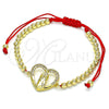 Oro Laminado Adjustable Bolo Bracelet, Gold Filled Style Guadalupe and Heart Design, with White Micro Pave, Polished, Golden Finish, 03.207.0107.11 (04 MM Thickness, 11 Inches Length)