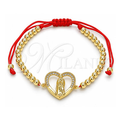 Oro Laminado Adjustable Bolo Bracelet, Gold Filled Style Guadalupe and Heart Design, with White Micro Pave, Polished, Golden Finish, 03.207.0107.11 (04 MM Thickness, 11 Inches Length)