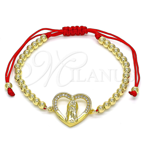 Oro Laminado Adjustable Bolo Bracelet, Gold Filled Style Guadalupe and Heart Design, with White Micro Pave, Polished, Golden Finish, 03.207.0107.11 (04 MM Thickness, 11 Inches Length)