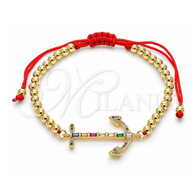 Oro Laminado Fancy Bracelet, Gold Filled Style Anchor and Ball Design, with Multicolor Cubic Zirconia and Multicolor Micro Pave, Polished, Golden Finish, 03.207.0119.11 (04 MM Thickness, 11 Inches Length)
