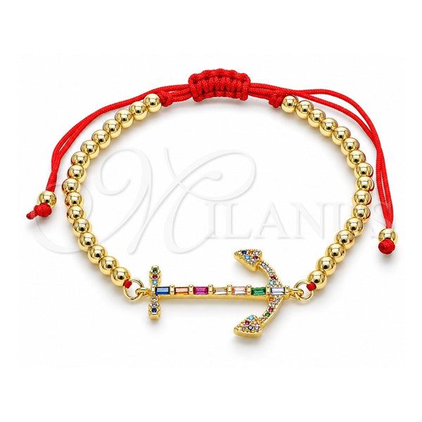 Oro Laminado Fancy Bracelet, Gold Filled Style Anchor and Ball Design, with Multicolor Cubic Zirconia and Multicolor Micro Pave, Polished, Golden Finish, 03.207.0119.11 (04 MM Thickness, 11 Inches Length)