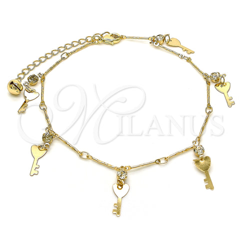Oro Laminado Charm Anklet , Gold Filled Style key and Rattle Charm Design, with White Crystal, Polished, Golden Finish, 03.213.0092.10 (01 MM Thickness, 10 Inches Length)