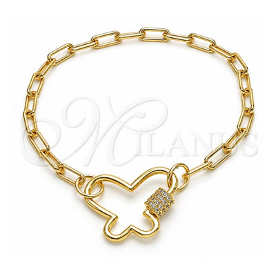 Oro Laminado Fancy Bracelet, Gold Filled Style Paperclip and Butterfly Design, with White Micro Pave, Polished, Golden Finish, 03.341.0045.08 (04 MM Thickness, 8 Inches Length)