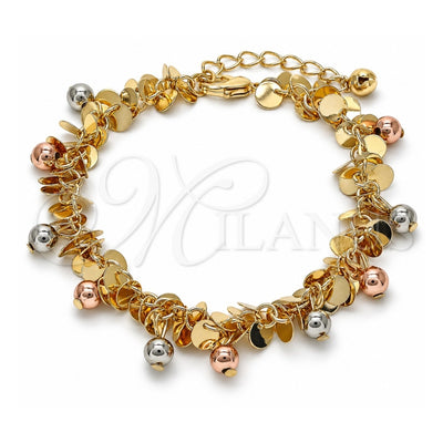 Oro Laminado Charm Bracelet, Gold Filled Style Ball and Rattle Charm Design, Polished, Tricolor, 03.331.0029.08 (05 MM Thickness, 8 Inches Length)