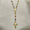 Oro Laminado Medium Rosary, Gold Filled Style Caridad del Cobre and Crucifix Design, with Multicolor Crystal, Polished, Golden Finish, 09.326.0003.18