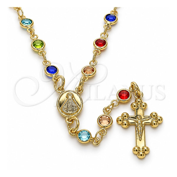 Oro Laminado Medium Rosary, Gold Filled Style Caridad del Cobre and Crucifix Design, with Multicolor Crystal, Polished, Golden Finish, 09.326.0003.18