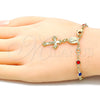 Oro Laminado Bracelet Rosary, Gold Filled Style Caridad del Cobre and Crucifix Design, with Multicolor Crystal, Polished, Golden Finish, 09.326.0003.07