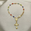 Oro Laminado Bracelet Rosary, Gold Filled Style Caridad del Cobre and Crucifix Design, with Multicolor Crystal, Polished, Golden Finish, 09.326.0003.07