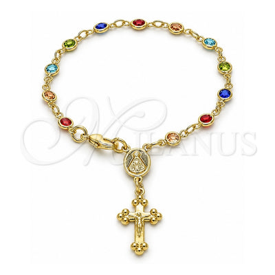 Oro Laminado Bracelet Rosary, Gold Filled Style Caridad del Cobre and Crucifix Design, with Multicolor Crystal, Polished, Golden Finish, 09.326.0003.07