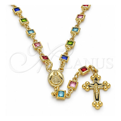 Oro Laminado Medium Rosary, Gold Filled Style Caridad del Cobre and Crucifix Design, with Multicolor Crystal, Polished, Golden Finish, 09.326.0004.18