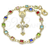 Oro Laminado Bracelet Rosary, Gold Filled Style Caridad del Cobre and Crucifix Design, with Multicolor Crystal, Polished, Golden Finish, 09.326.0004.07