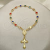 Oro Laminado Bracelet Rosary, Gold Filled Style Caridad del Cobre and Crucifix Design, with Multicolor Crystal, Polished, Golden Finish, 09.326.0004.07