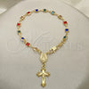 Oro Laminado Bracelet Rosary, Gold Filled Style Caridad del Cobre and Crucifix Design, with Multicolor Crystal, Polished, Golden Finish, 09.326.0004.07