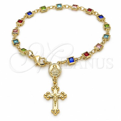 Oro Laminado Bracelet Rosary, Gold Filled Style Caridad del Cobre and Crucifix Design, with Multicolor Crystal, Polished, Golden Finish, 09.326.0004.07